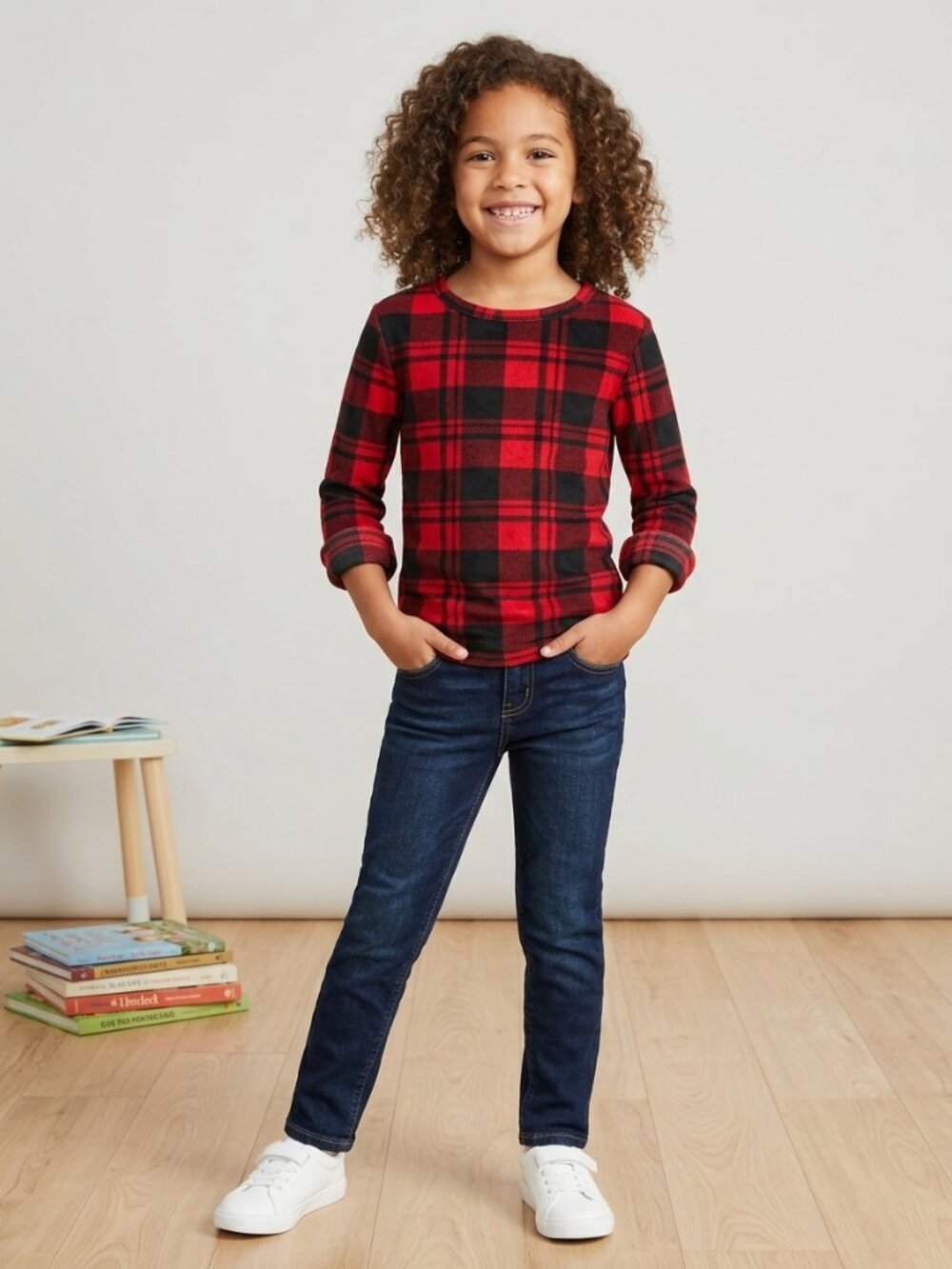 Cat & Jack Red and Black Plaid Long-Sleeve Top size L